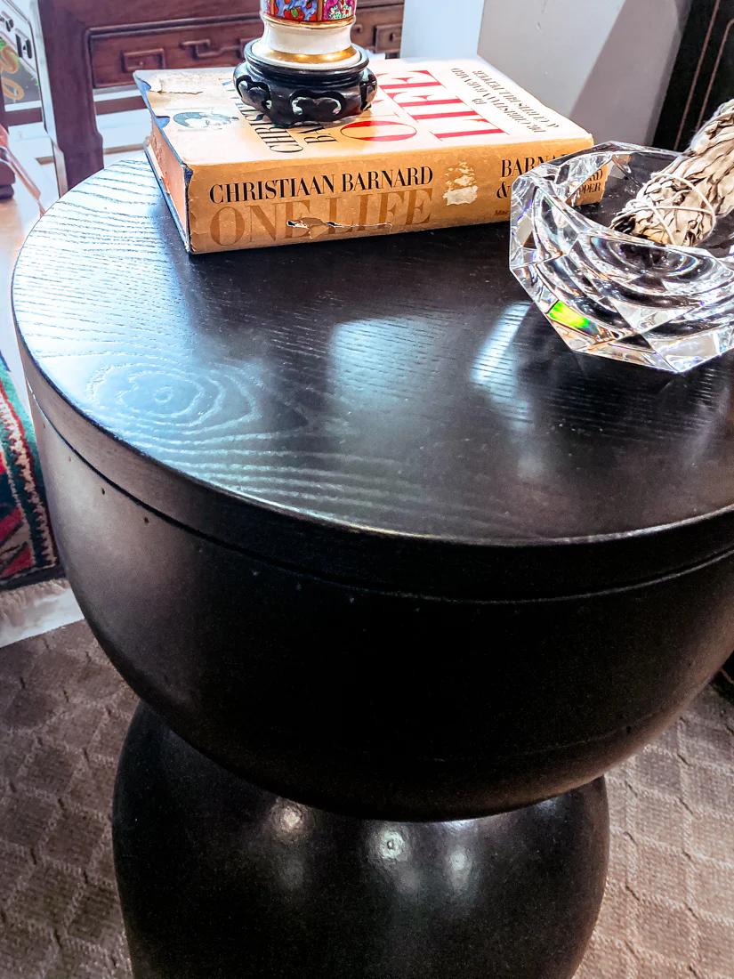 Repurposed Vintage Black Fiberglass Wood Top Hourglass Accent Side Table - Image 11