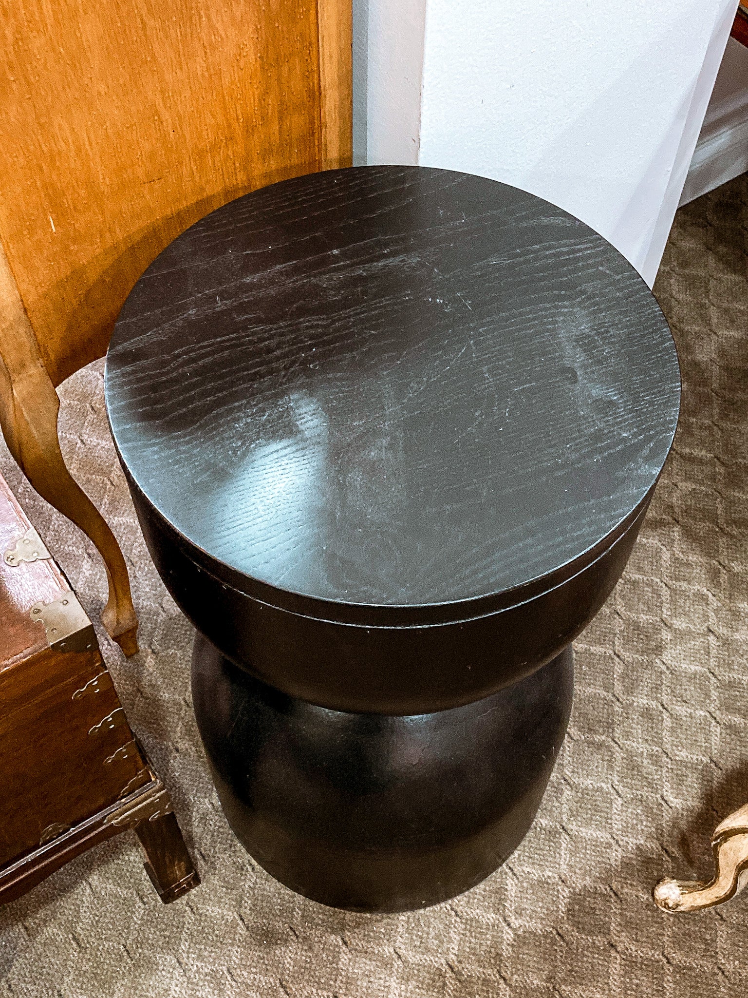 Repurposed Vintage Black Fiberglass Wood Top Hourglass Accent Side Table - Image 3
