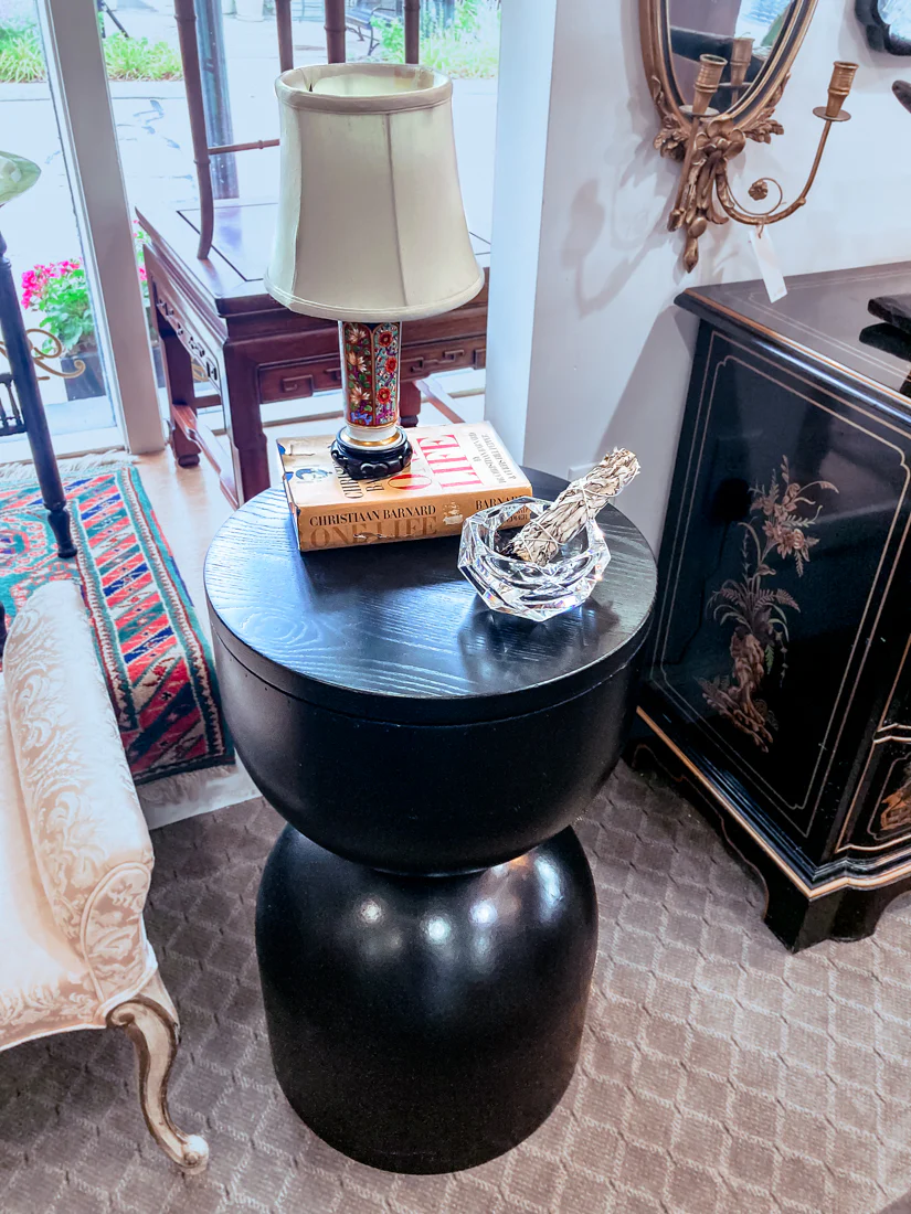 Repurposed Vintage Black Fiberglass Wood Top Hourglass Accent Side Table - Image 6