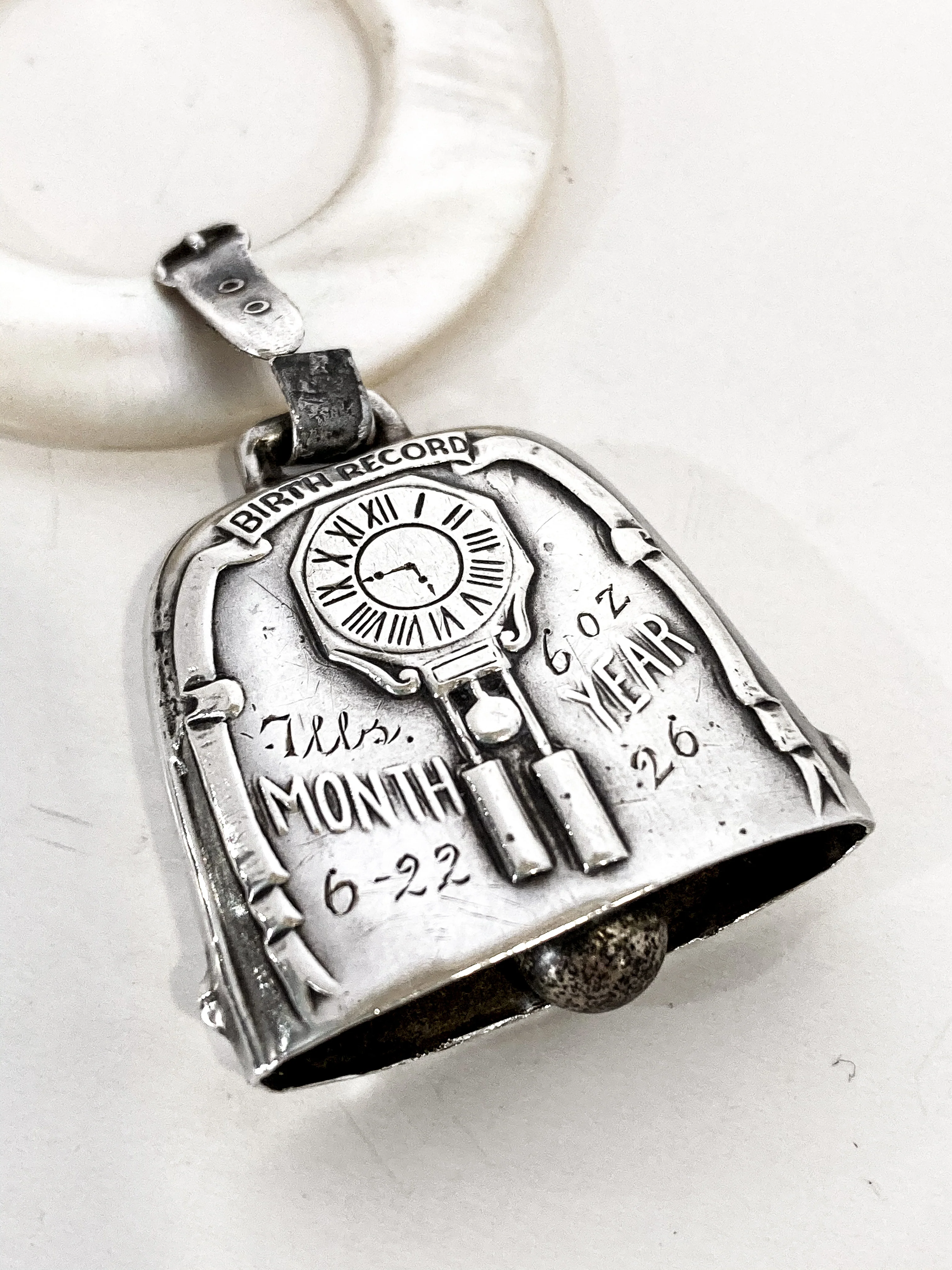 Antique 1926 Sterling Silver June 22 Baby Birth Record Bell Ornament - Image 12