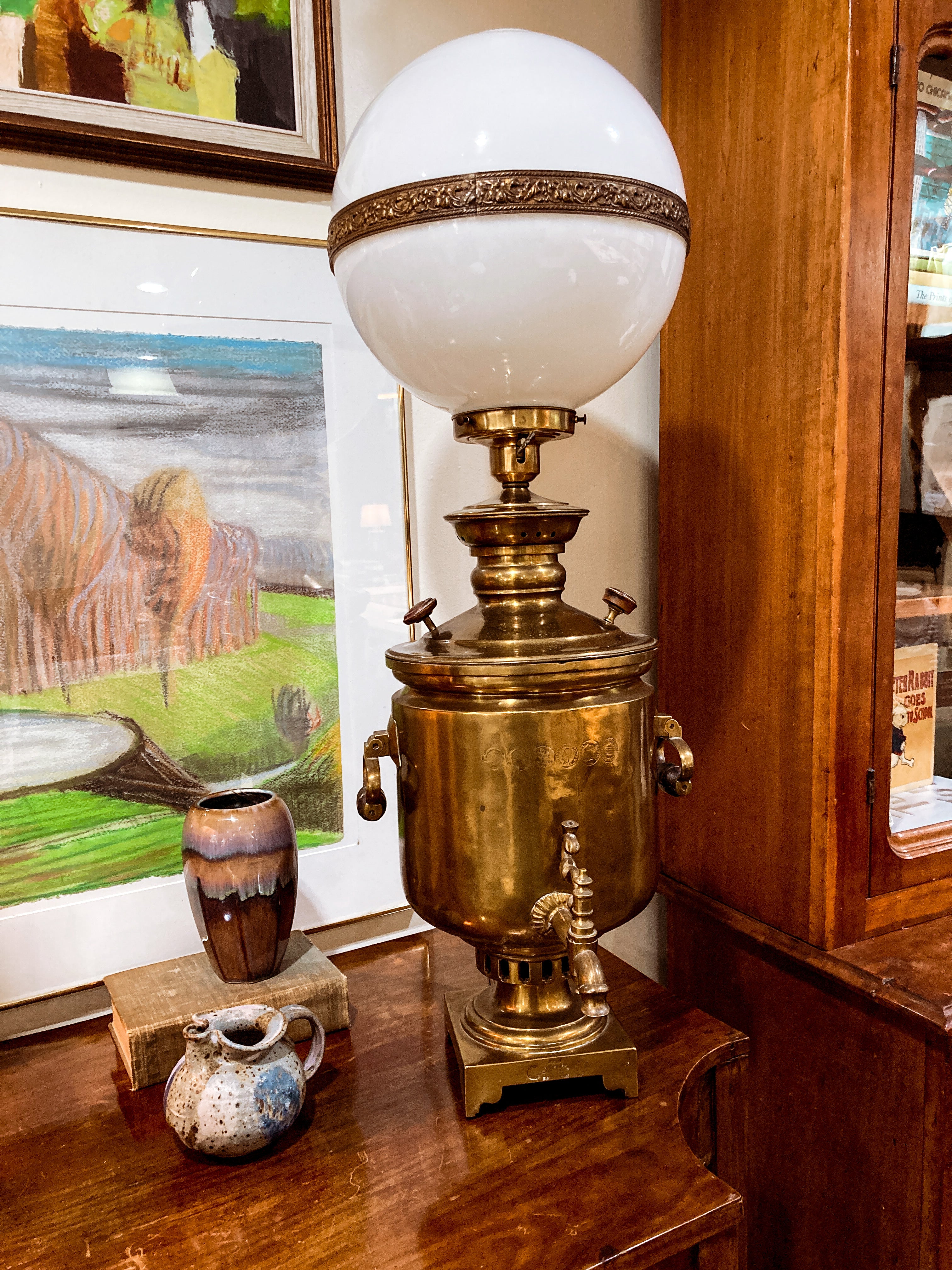 Antique 19th Century Samovar Milk Glass Globe Table Lamp Light - Image 4