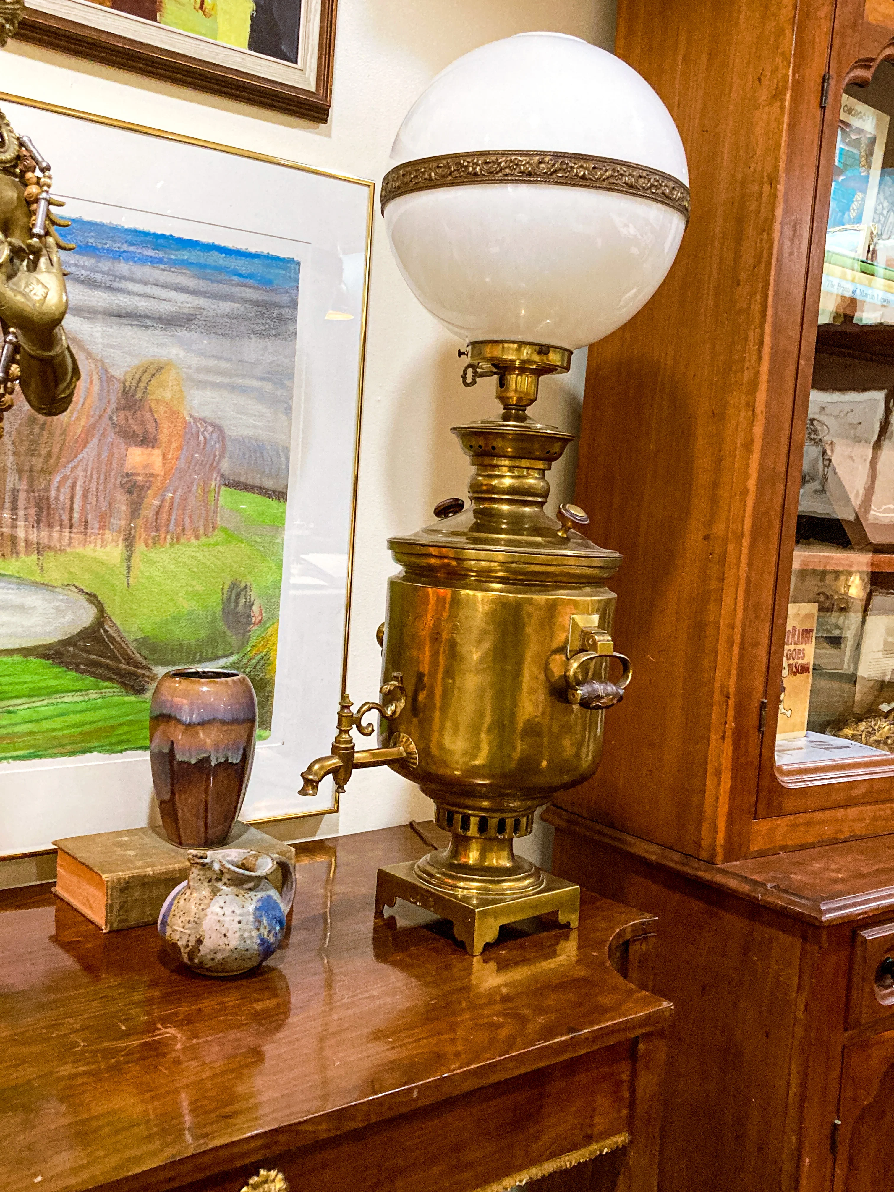 Antique 19th Century Samovar Milk Glass Globe Table Lamp Light - Image 9