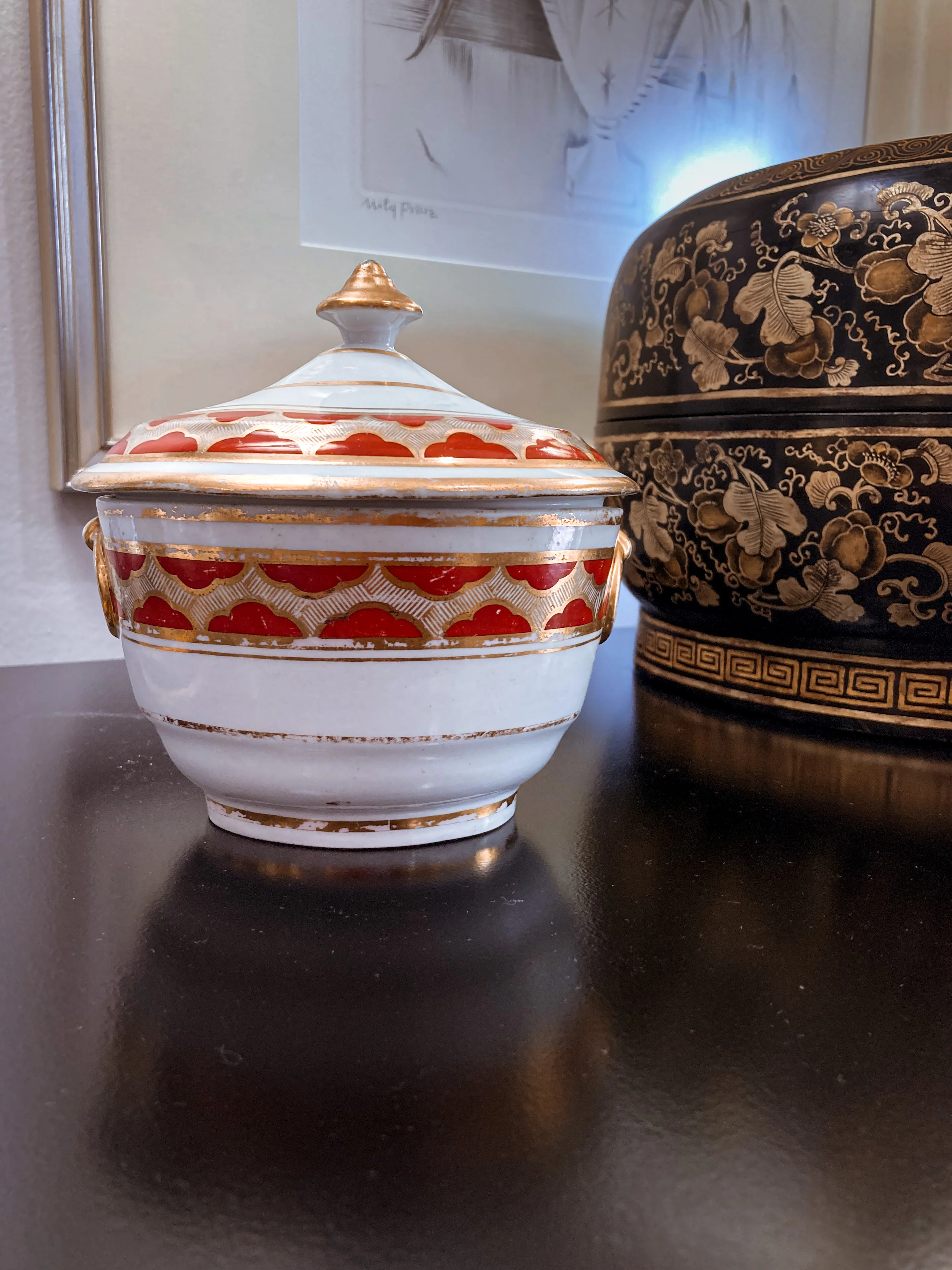 Antique 19th Century English Gilt Gold Iron Red Decorated Covered Porcelain Sugar Bowl - Image 6