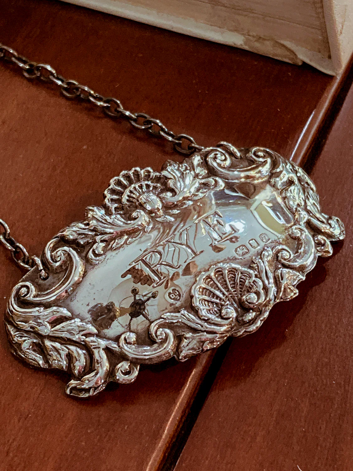 Antique Style English Repoussé Sterling Silver Rye Bottle Necklace Bar Tag - Image 4