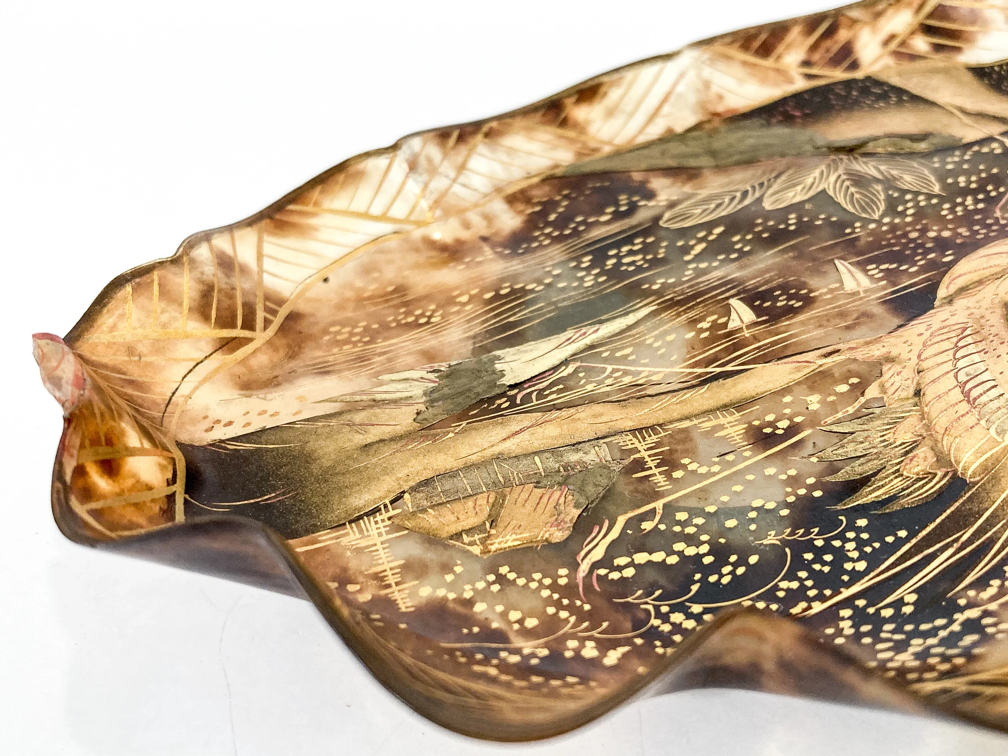 Antique Leaf Shape Gilt Crane Tortoise Shell Lacquer Dish Japanese Tray - Image 16