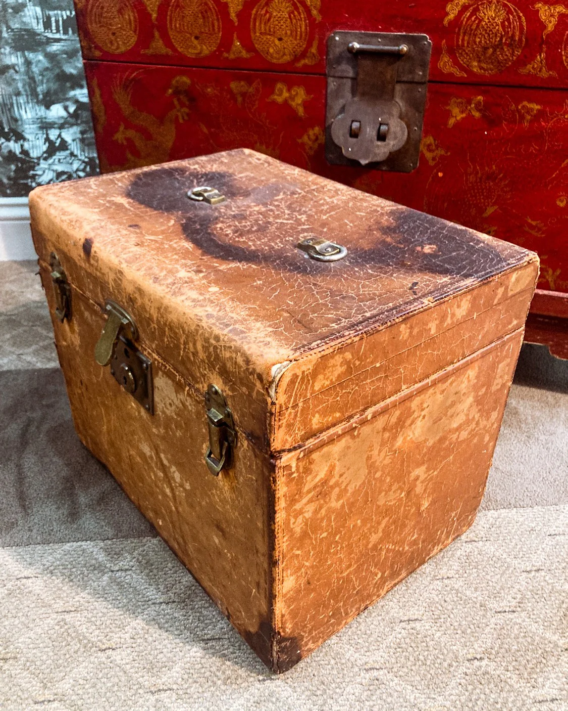 Antique Edwardian Leather Red Lined Carrying Travel Luggage Hat Box - Image 6