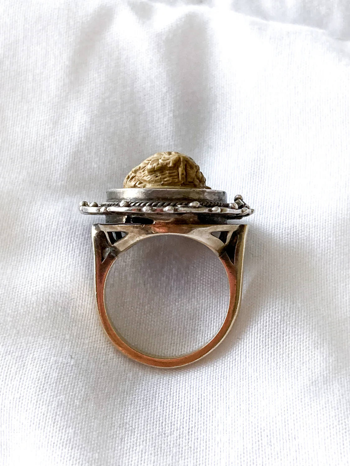 Antique Victorian Gold Sterling Silver Filigree Lava Stone Cameo Ring - Image 12