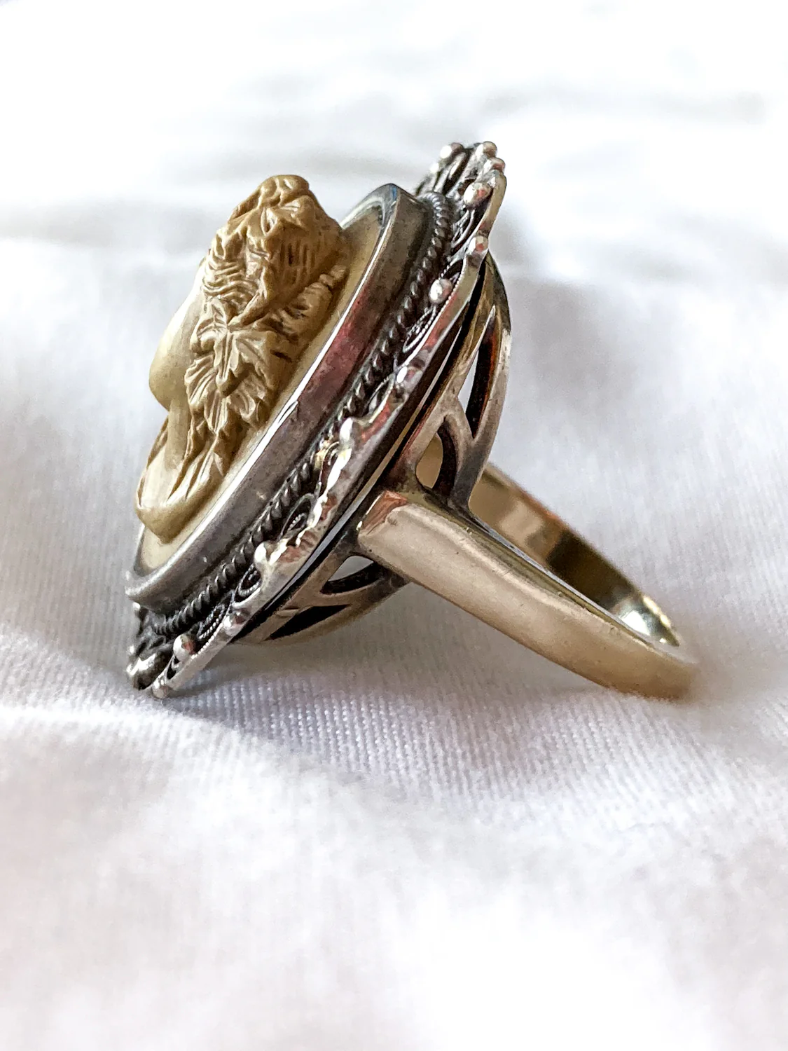 Antique Victorian Gold Sterling Silver Filigree Lava Stone Cameo Ring - Image 13