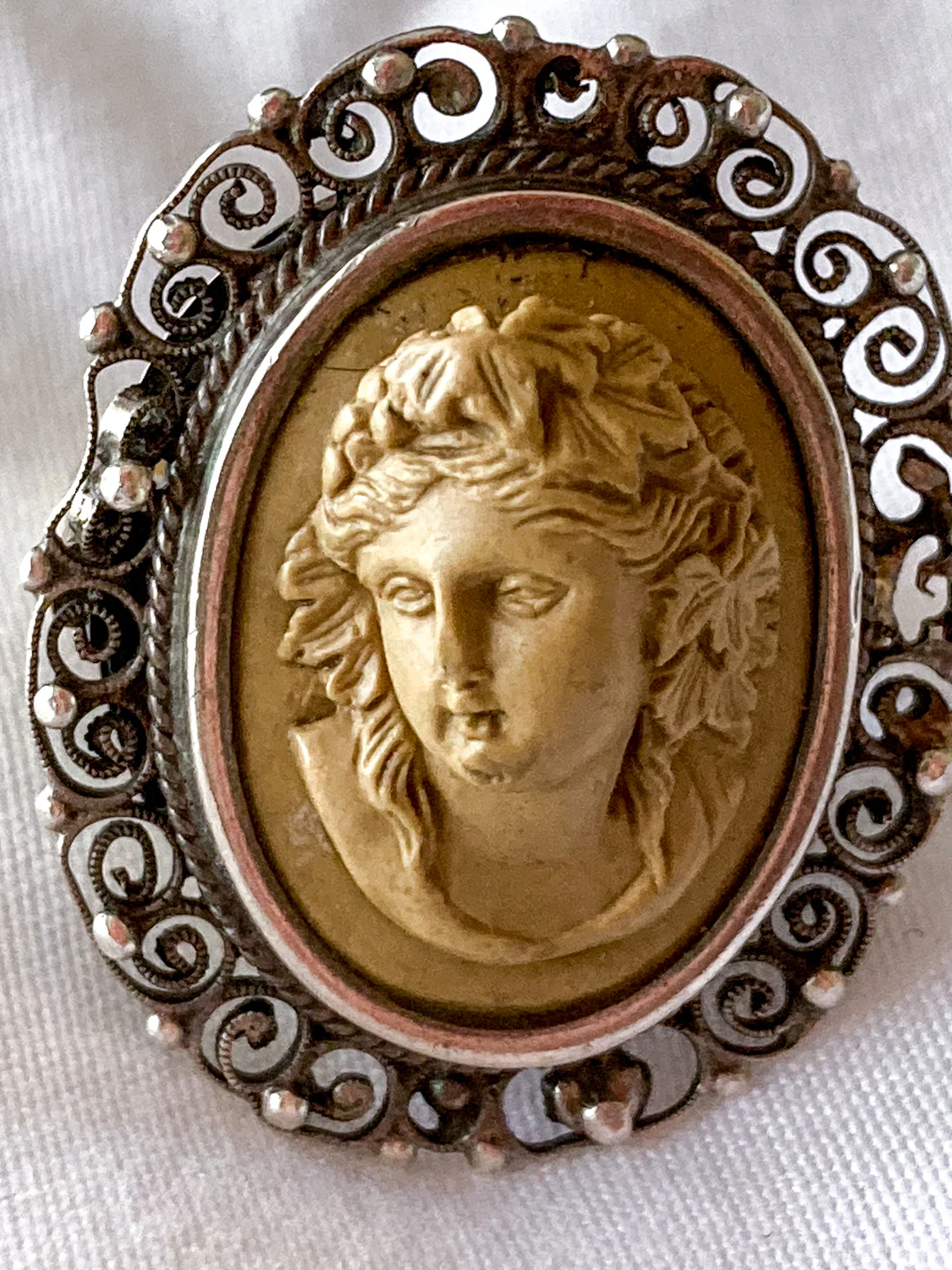 Antique Victorian Gold Sterling Silver Filigree Lava Stone Cameo Ring - Image 15