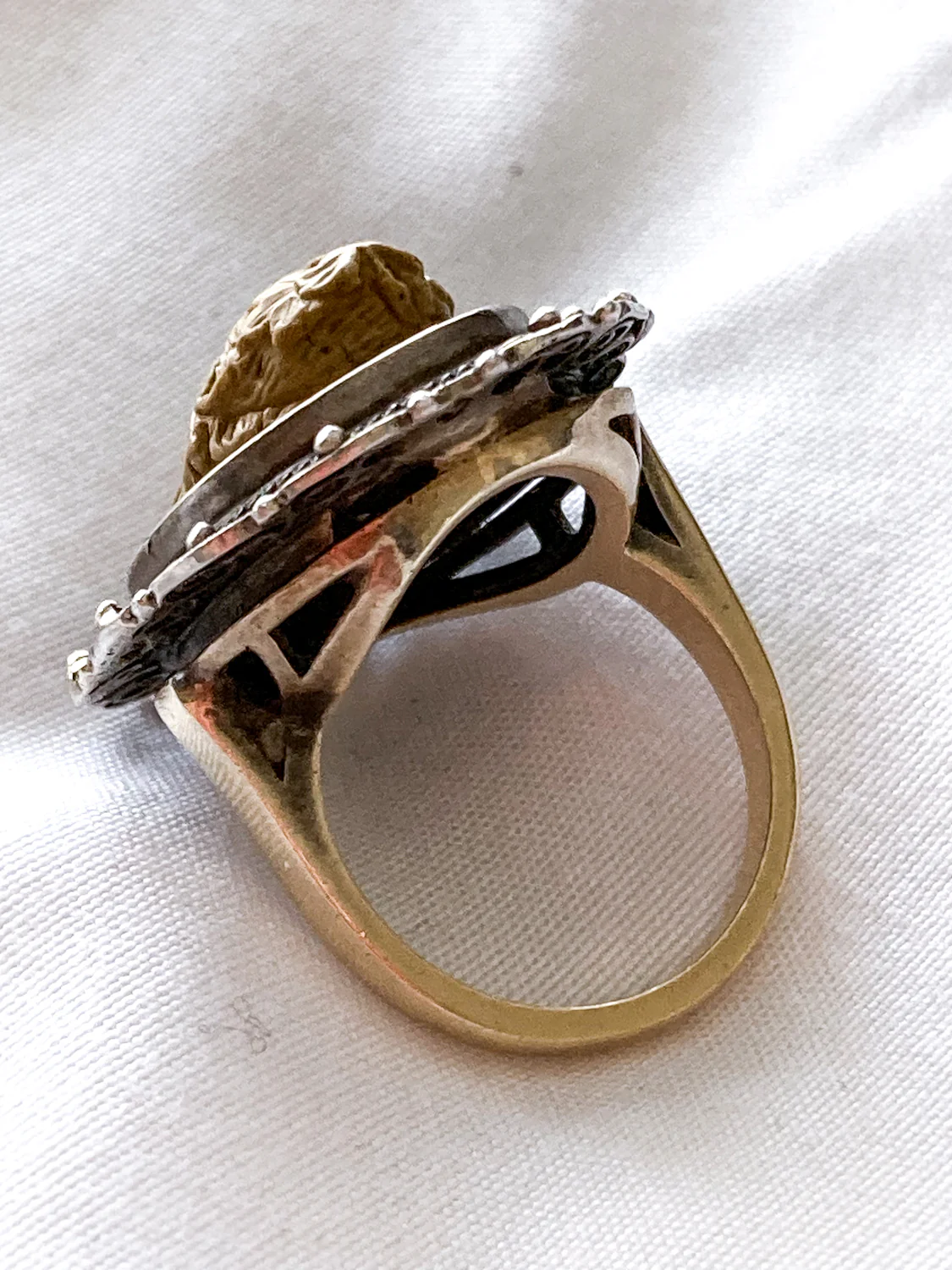 Antique Victorian Gold Sterling Silver Filigree Lava Stone Cameo Ring - Image 16