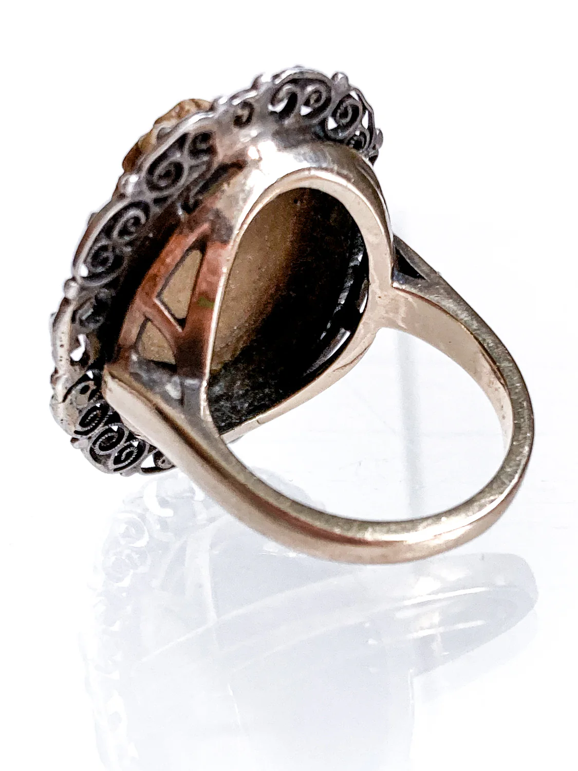 Antique Victorian Gold Sterling Silver Filigree Lava Stone Cameo Ring - Image 22