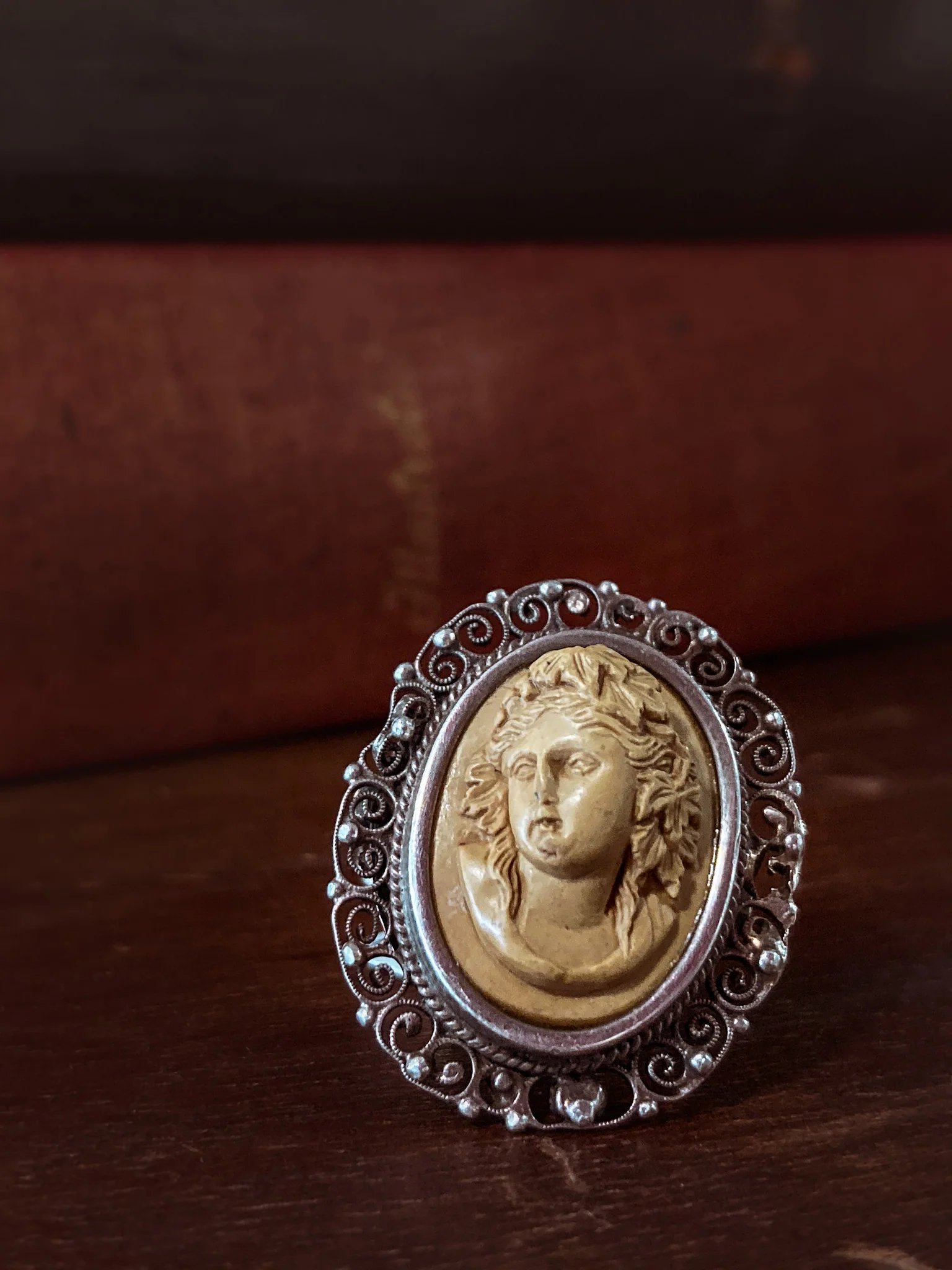 Antique Victorian Gold Sterling Silver Filigree Lava Stone Cameo Ring - Image 4