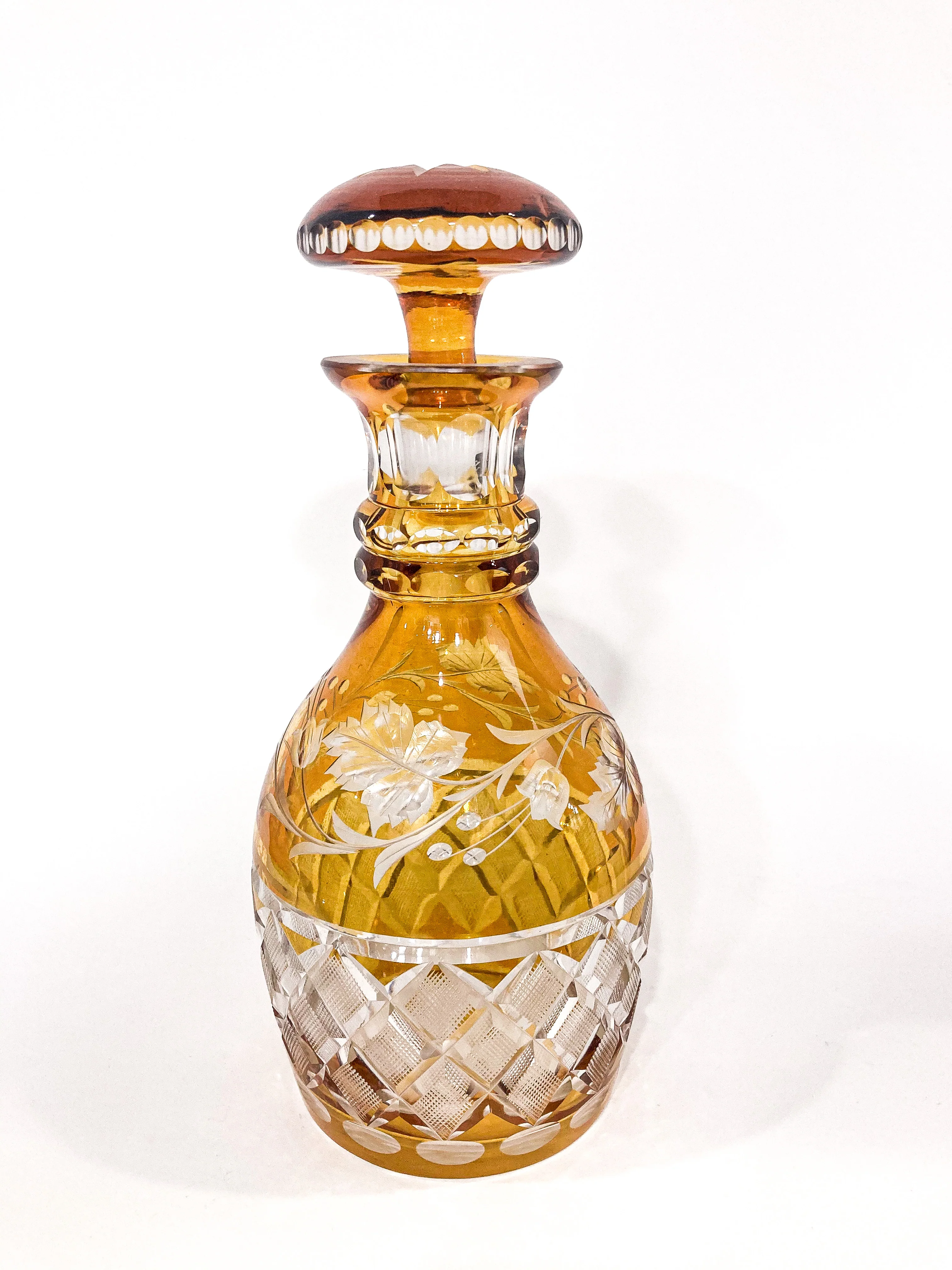 Antique Amber Glass Cut To Clear Floral Vine Motif Mushroom Top Decanter - Image 15