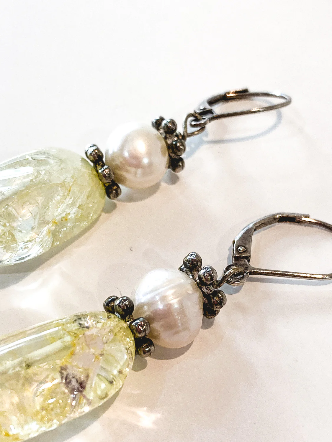 Sterling Silver Cultured Pearl Yellow Faux Quartz Glass Drop Dangle Earrings - Image 9
