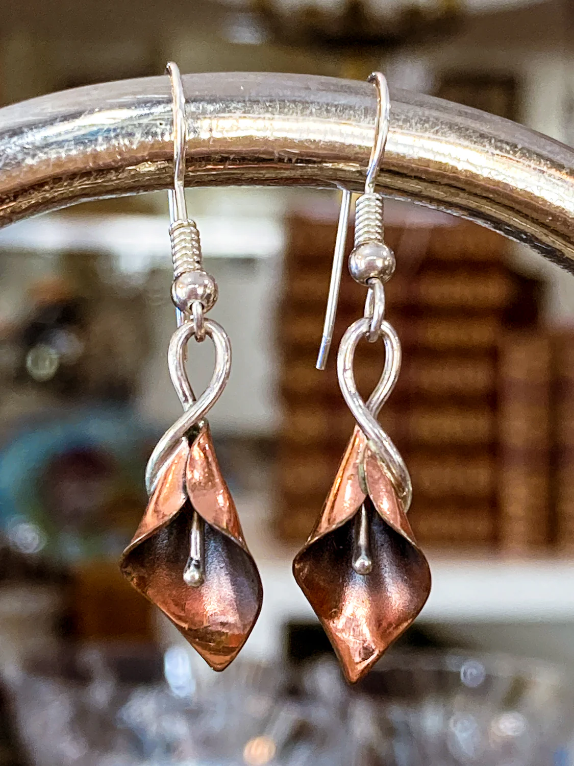 Artisan Stuart Nye Sterling Silver Copper Lily French Drop Dangle Earrings - Image 5