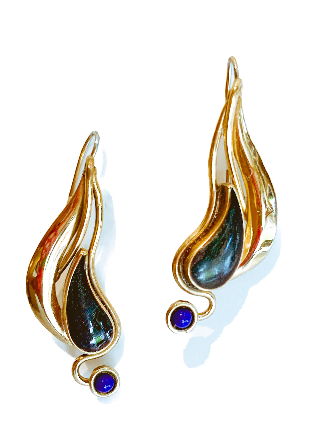 Vintage Abstract Gold Silver Tear Drop Green Blue Accent Drop Earrings - Image 14