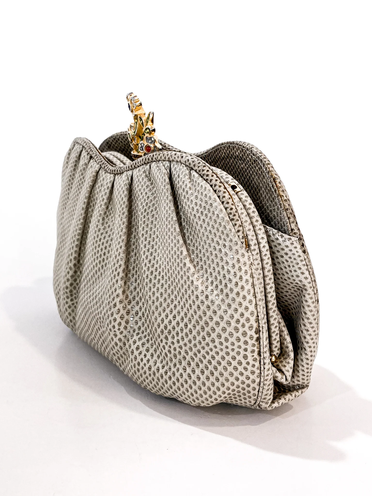 Vintage Judith Leiber Champagne Snakeskin Floral Clasp Crossbody Clutch Bag - Image 27